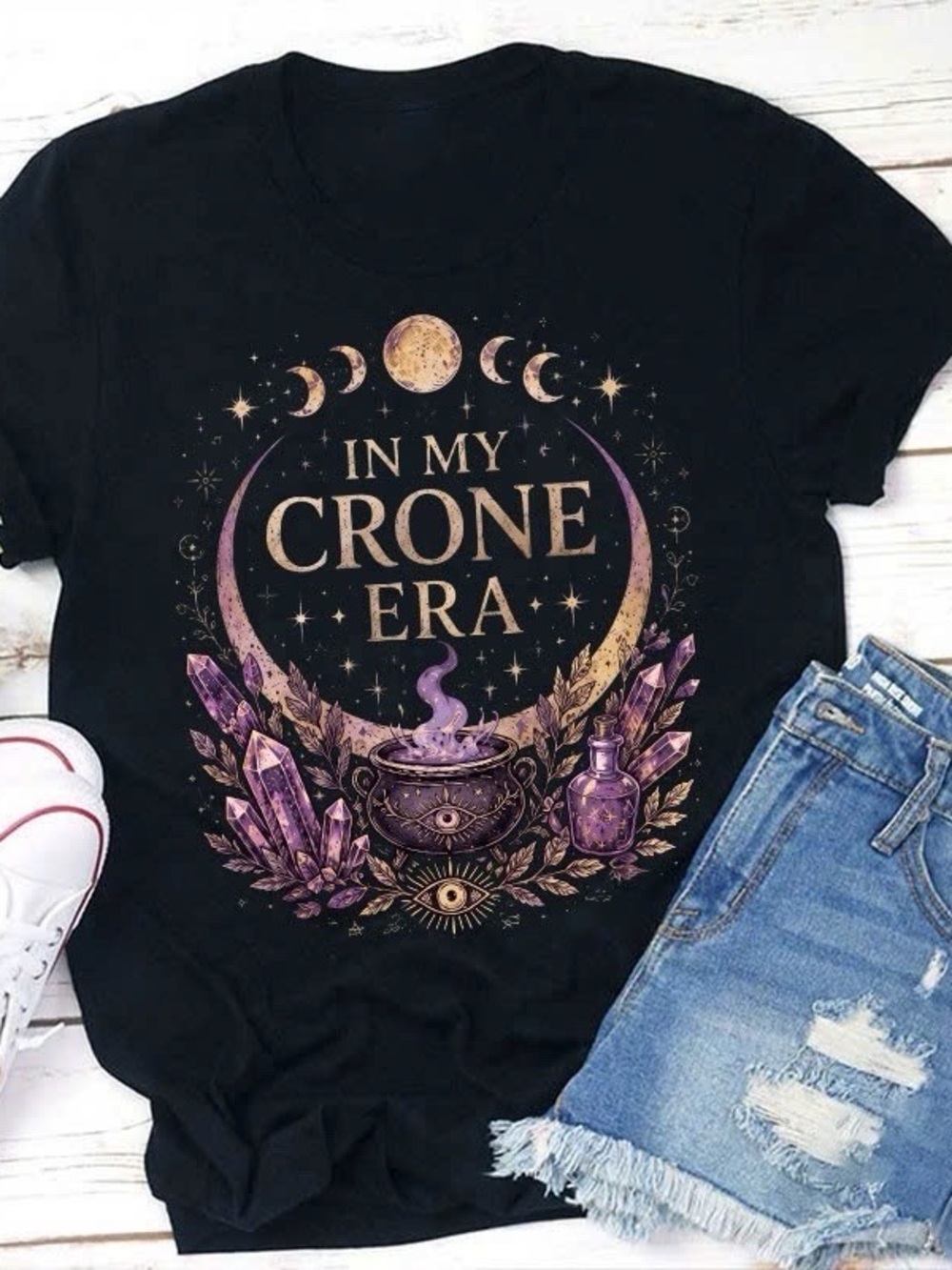 Gildan Black Graphic Tee - Purple & Gold Mystic Crone Design